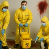 C-MAXI personeel in gele overalls en mondmaskers tijdens gespecialiseerde reinigingswerkzaamheden.