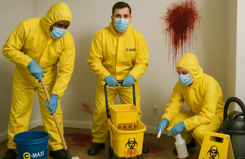 C-MAXI personeel in gele overalls en mondmaskers tijdens gespecialiseerde reinigingswerkzaamheden.